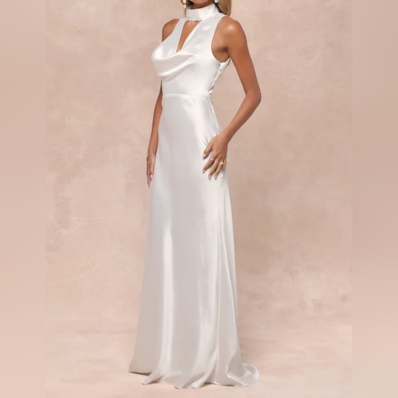 Lulus Gorgeous Vow White Satin Mock Neck Cowl Mermaid Maxi Dress, Small - Picture 6 of 11
